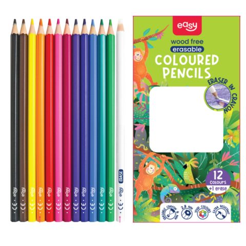 KREDKI GRAFITOWE | bezdrzewne | sześciokątne | 12 kolorów | z gumką w kształcie kredki